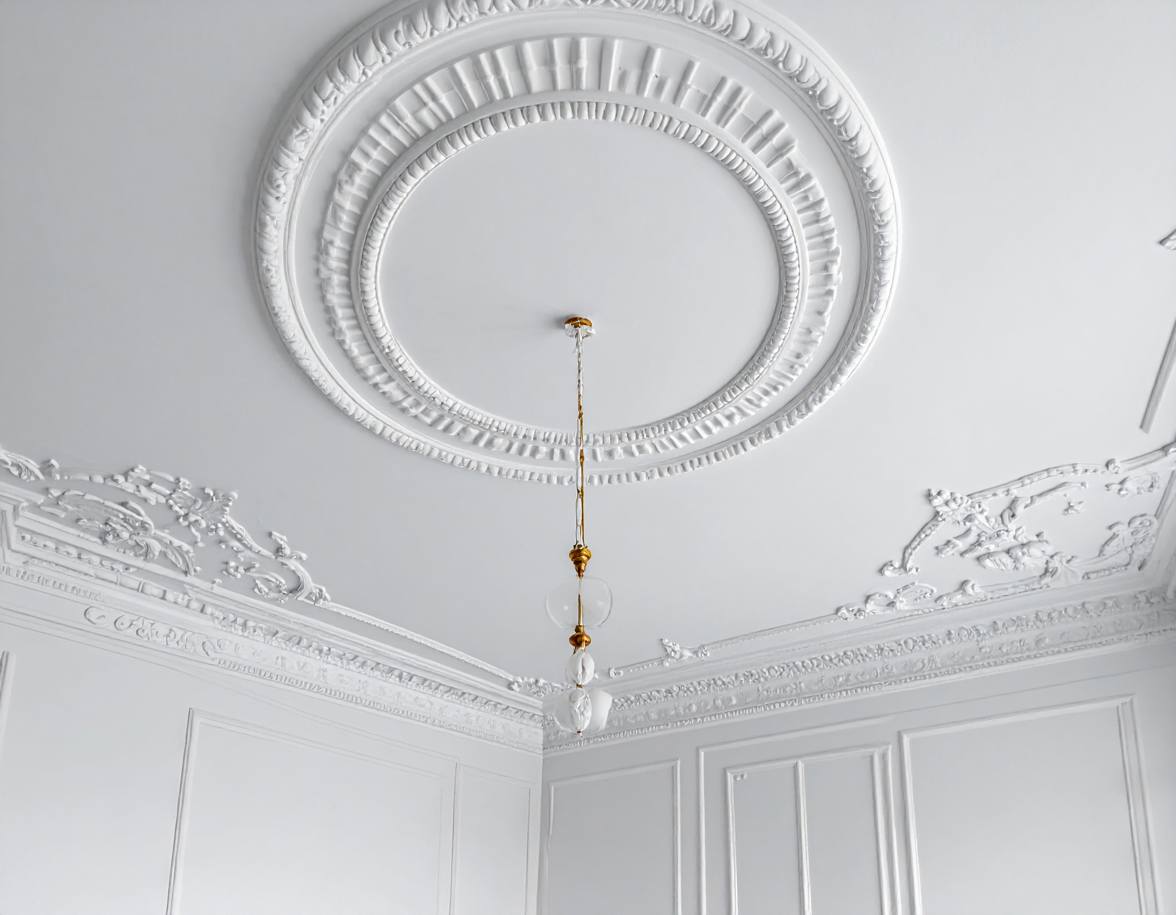 weißer kreisförmiger Deckenstuck mit einer langen goldenen Lampe in der Mitte als Veranschaulichung von Stuckarbeiten vom Stuckateurbetrieb in Kleve