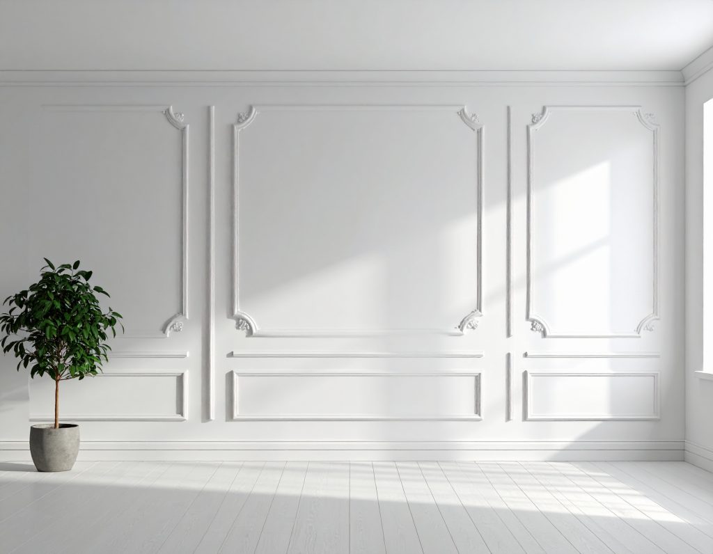 weißer Wandstuck in einem leeren Raum mit einer Pflanze, als Veranschaulichung von Stuckarbeiten und Stuckwänden vom Stuckateurbetrieb in Kleve